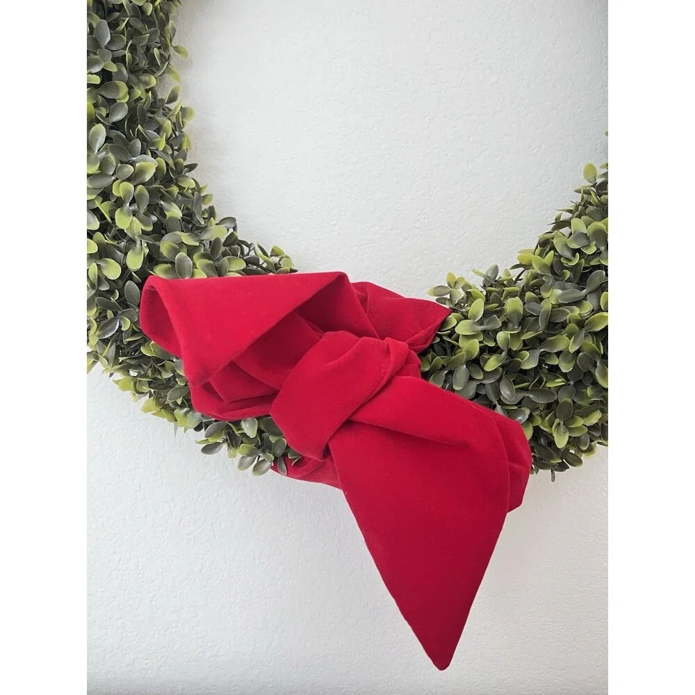 Christmas Boxwood Wreath Door Decoration, Green Foliage with Red Velvet Bow